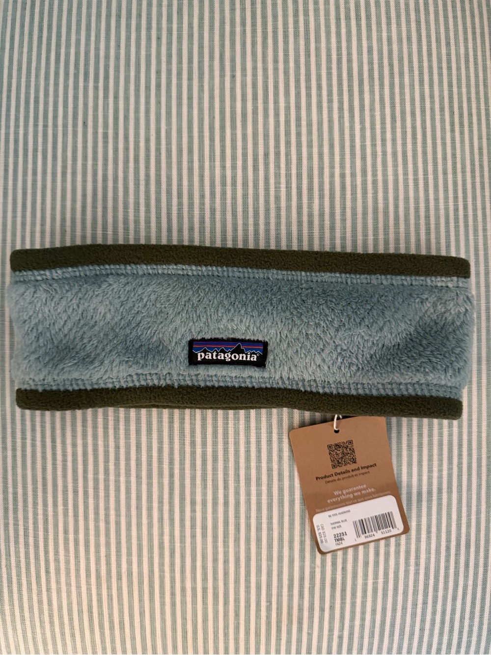 Patagonia Light Blue Fleece Headband Ear Cover with Olive Trim